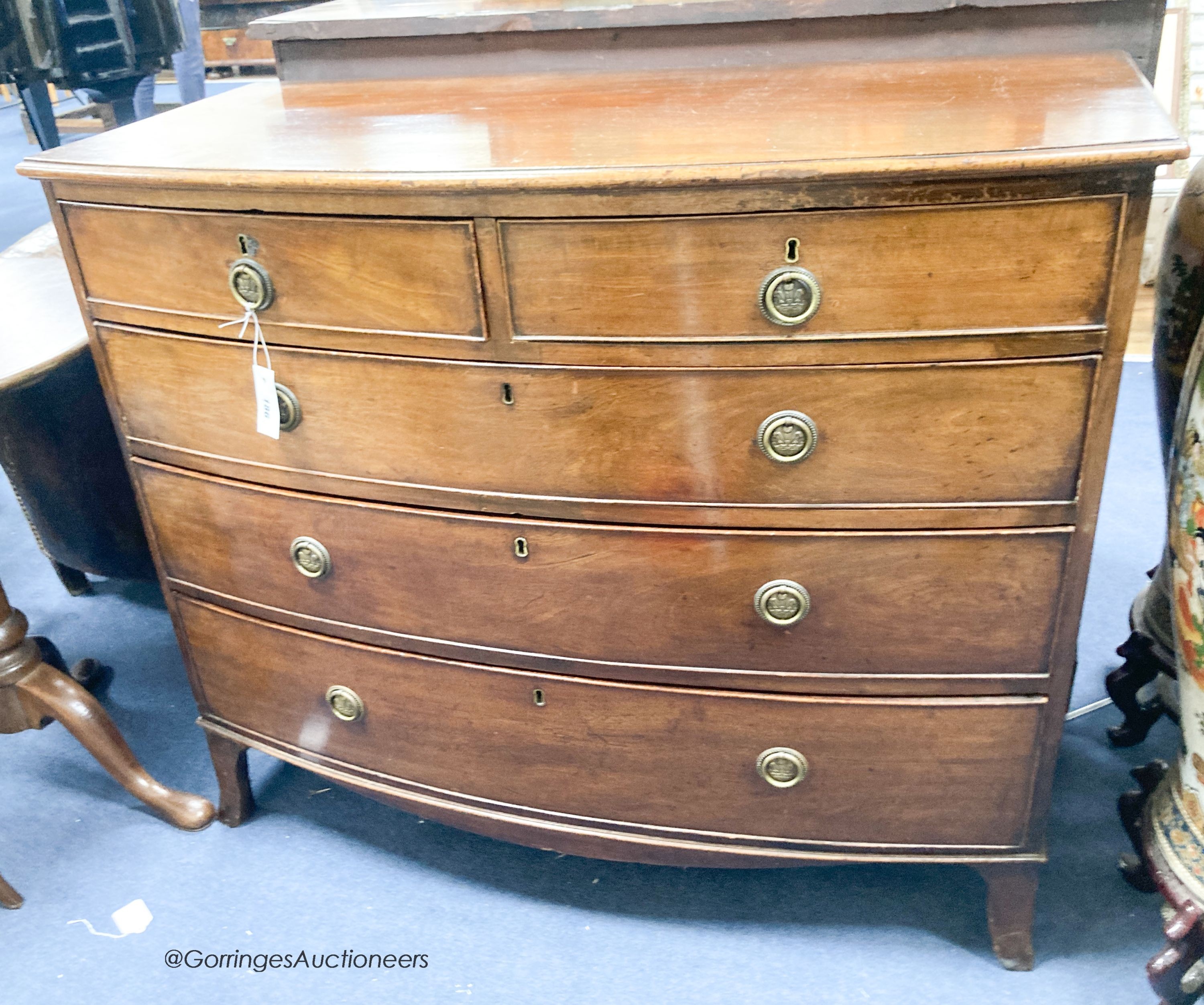 A Regency mahogany bowfront chest, width 108cm, depth 52cm, height 91cm